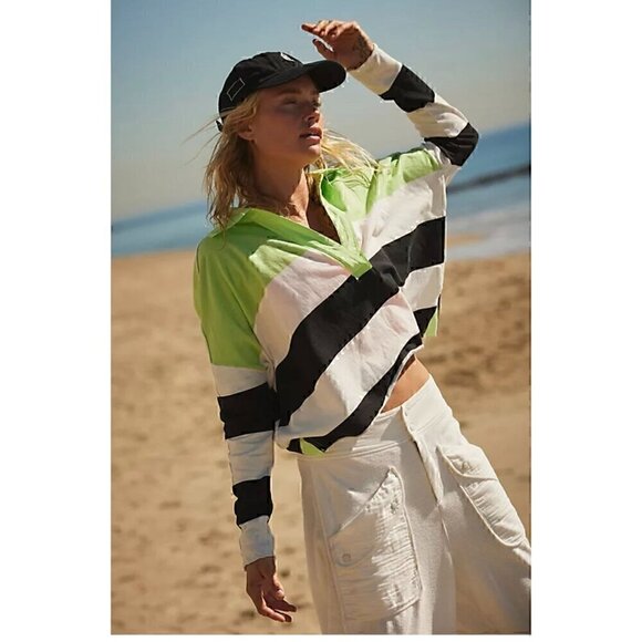 FREE PEOPLE FP Striped Lime Green & Black Pullover Top With Collar, XS - Picture 1 of 7